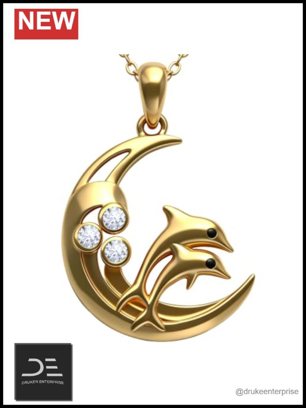Dolphin Moon Pendant Necklace - 925 Sterling Silver 24K Gold Plated CZ